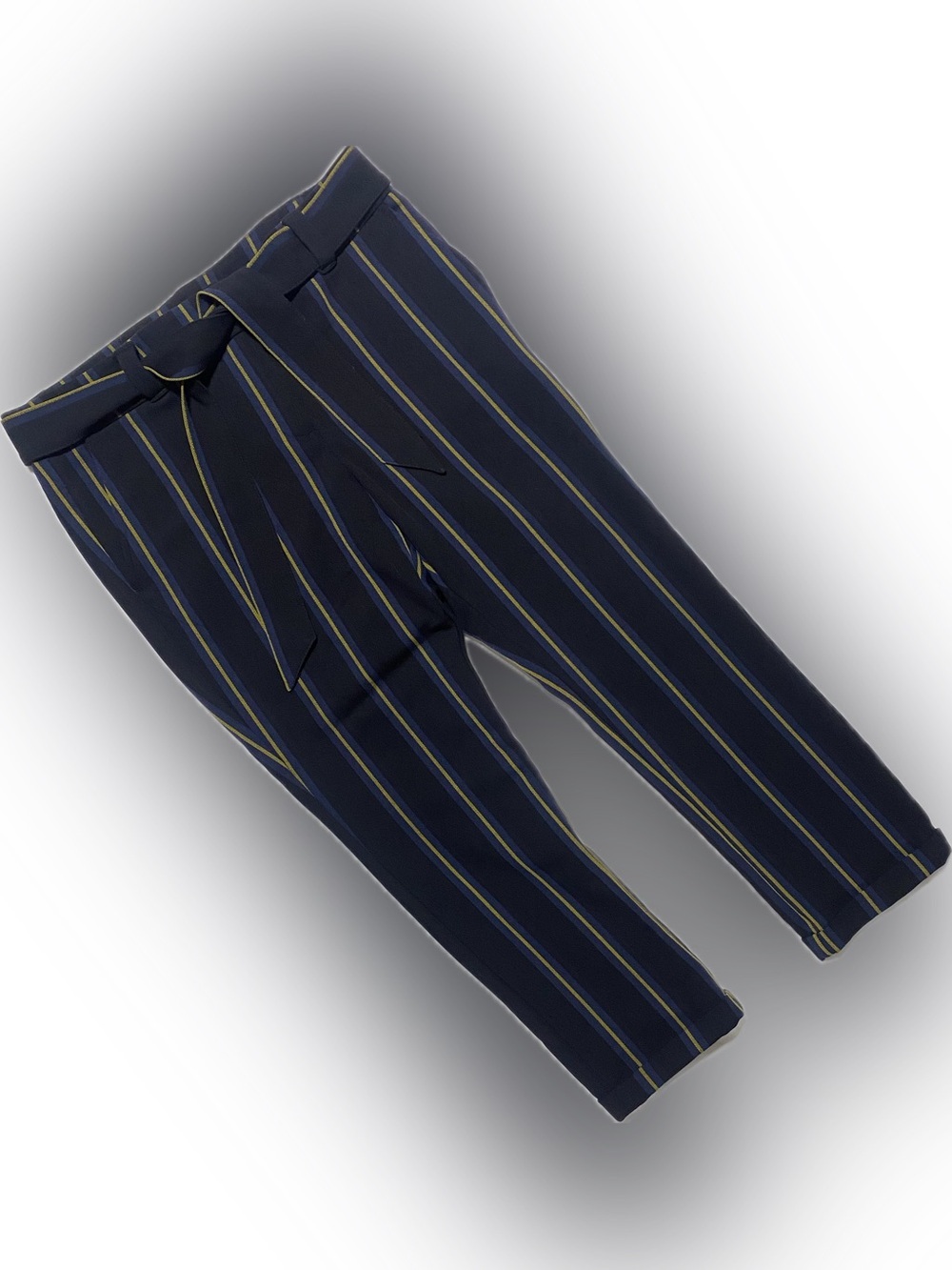 LOFT Navy Vertical-Stripe Cropped Tie-Waist Pants